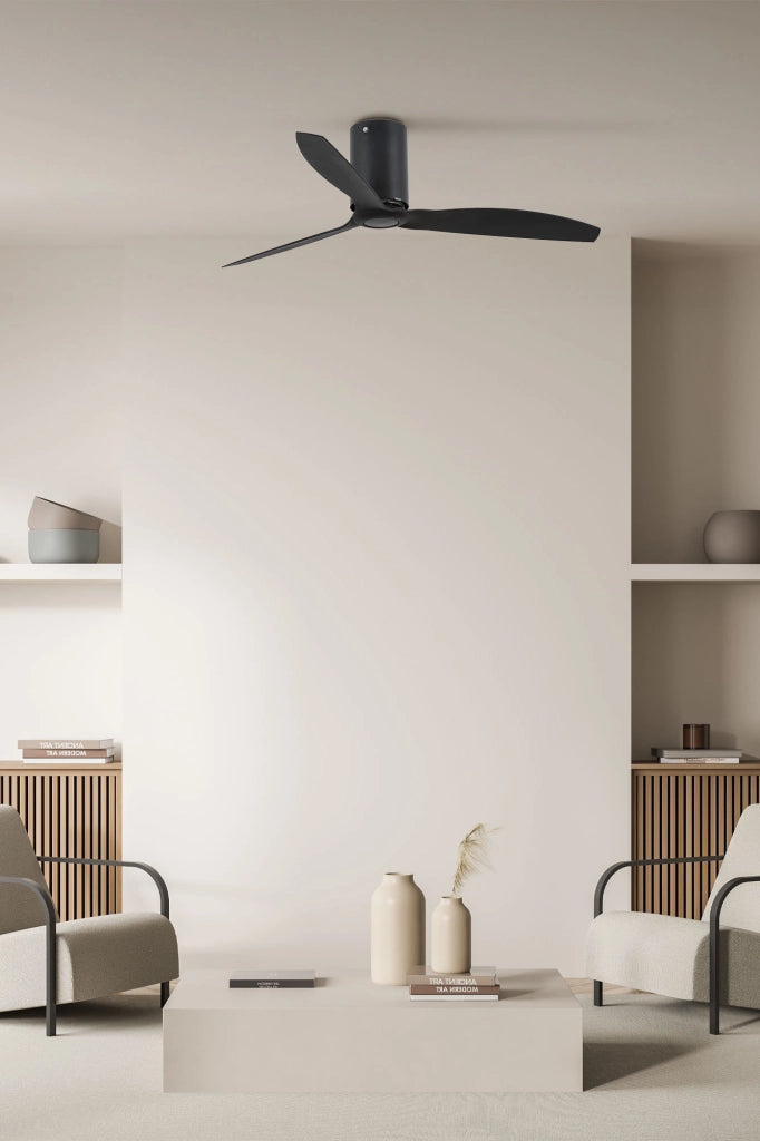 FARO Ventilatore da soffitto Mini Tube Fan nero opaco motore DC – Silenzioso e a basso consumo 6 velocita regolabili telecomando incluso funzione estate-inverno per ambienti da 13 a 176 m²