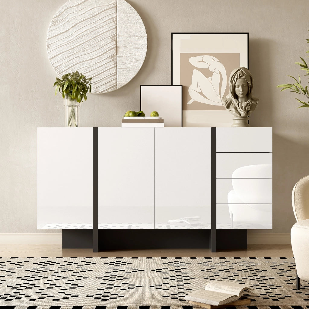 Credenza bianca lucida con 2 ante e 4 cassetti, design moderno, struttura in MDF e pannelli truciolari, 150 x 40 x 80,5 cm