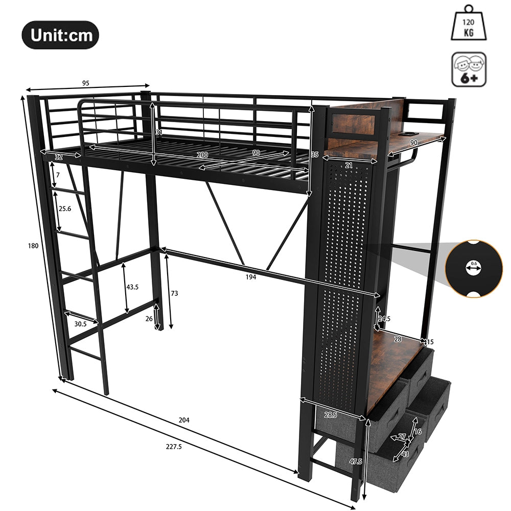 Letto a soppalco - Xylo - 90x200 cm 4 cassetti USB nero