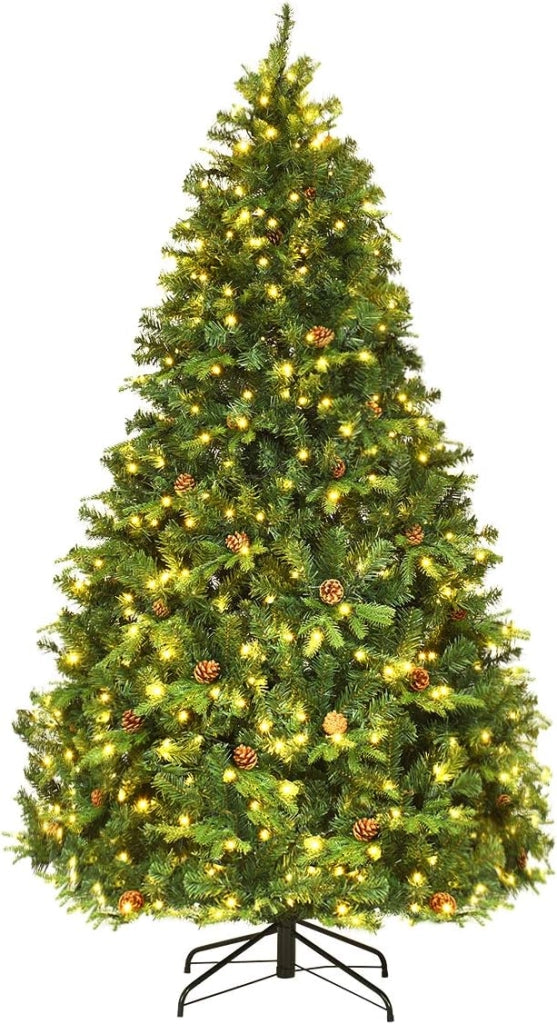 Albero di Natale 225 cm, Albero di Natale con 540 Luci a LED Bianco Caldo, 1125 Rami in PVC e PE e Pigne, Albero di Natale Alto e Folto per Casa e Negozio (225cm)