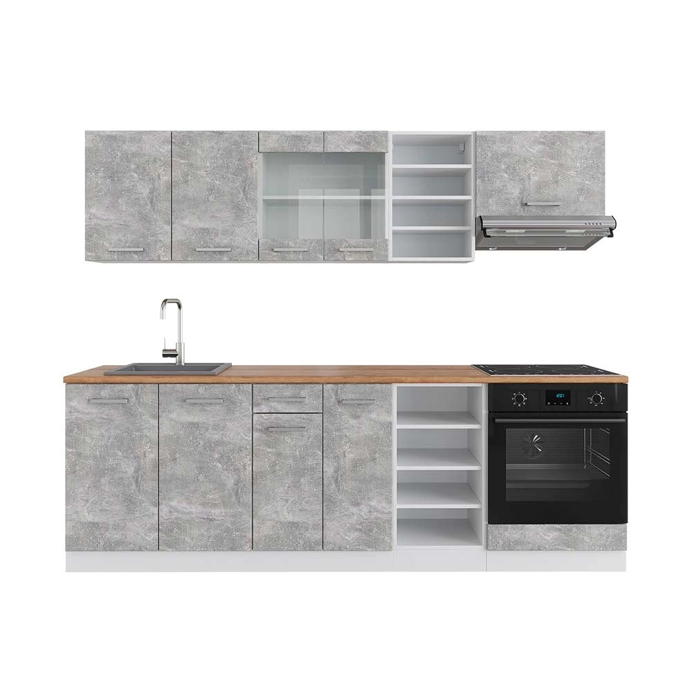 Cucina componibile R-Line Calcestruzzo/Bianco 240 cm, PL Rovere Vicco