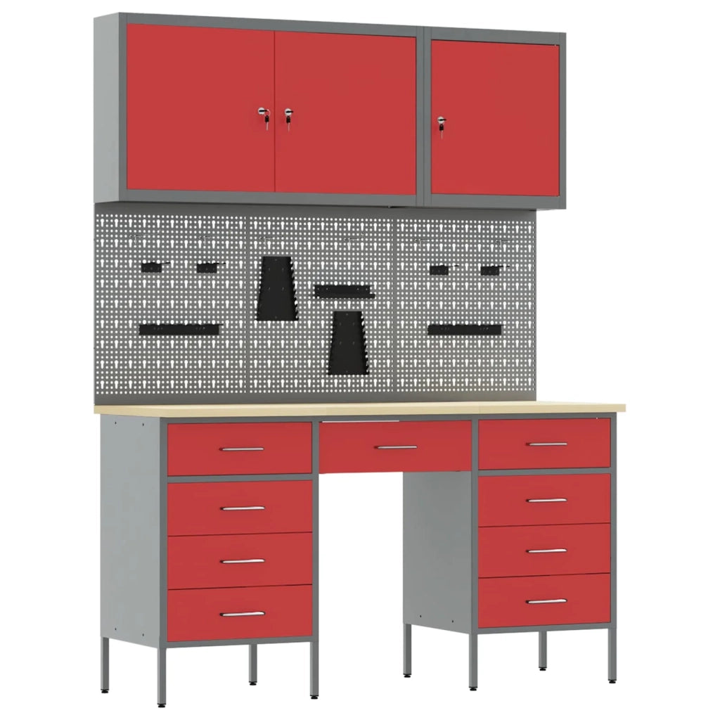 Mobile da lavoro 8 pcs Rosso Legno ingegnerizzato e acciaio 3321459