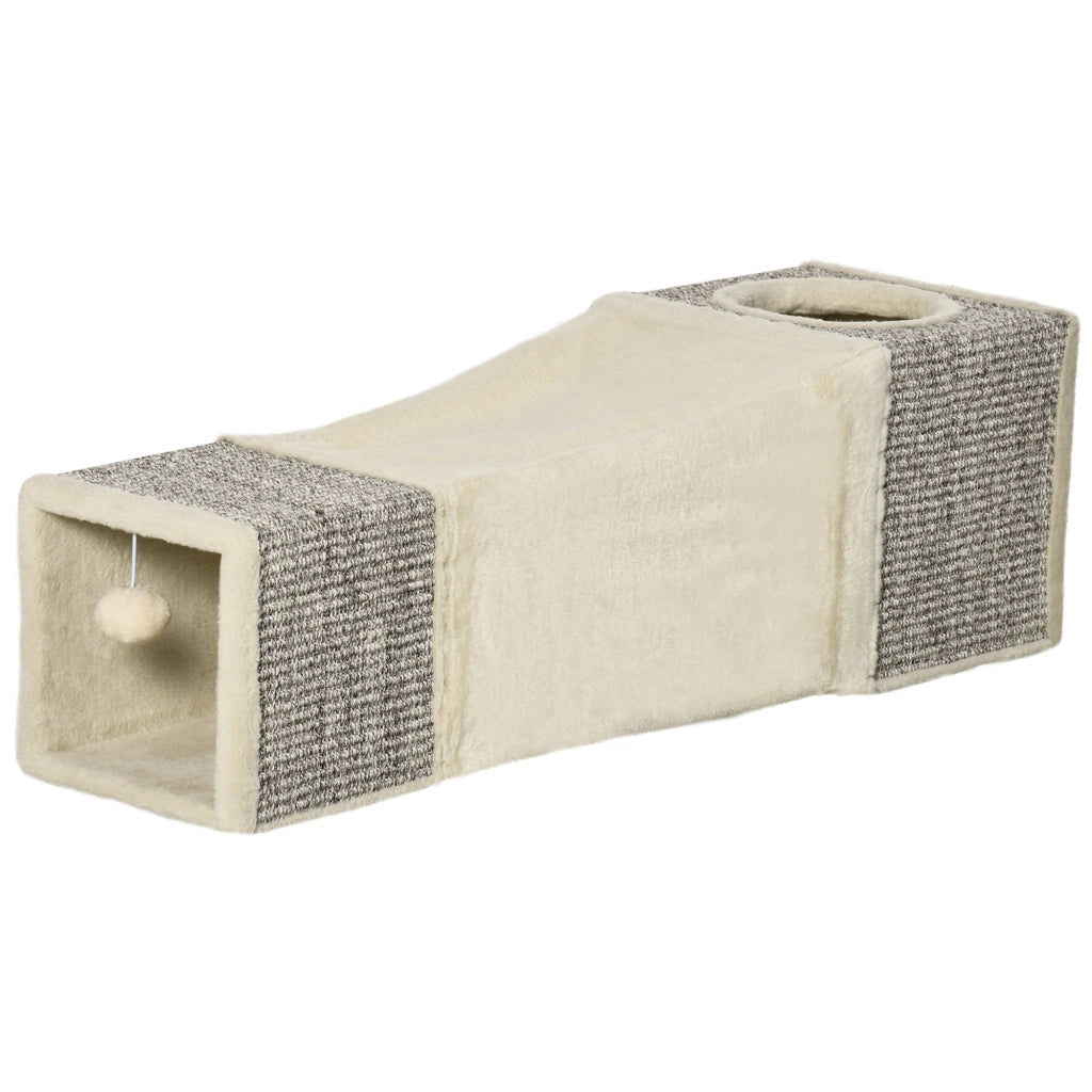Tunnel giocattolo per gatti con palla sospesa - Xylo - 98x30x30 cm crema