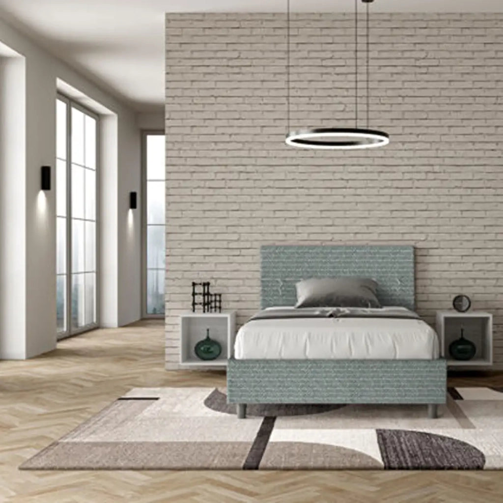 Letto una piazza e mezza con rete imbottito 120x200 tessuto Aragona 7 azzurro Adele