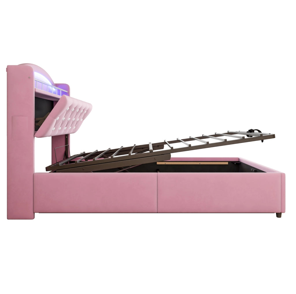Letto imbottito 90x200 con contenitore, LED e USB, rosa