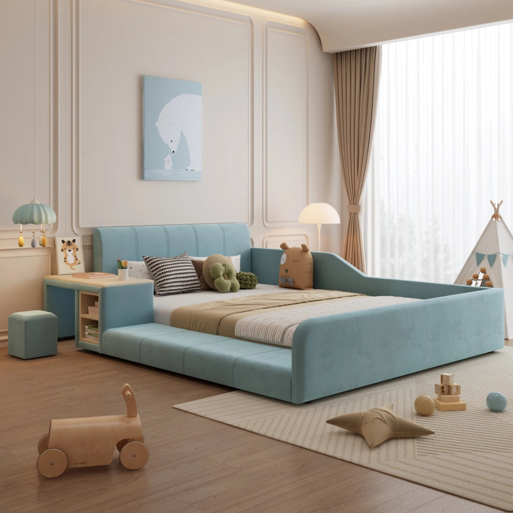 Letto Singolo Imbottito con Scrivania e Sgabello ¨C MINIMAL ¨C Velluto Blu 140x200