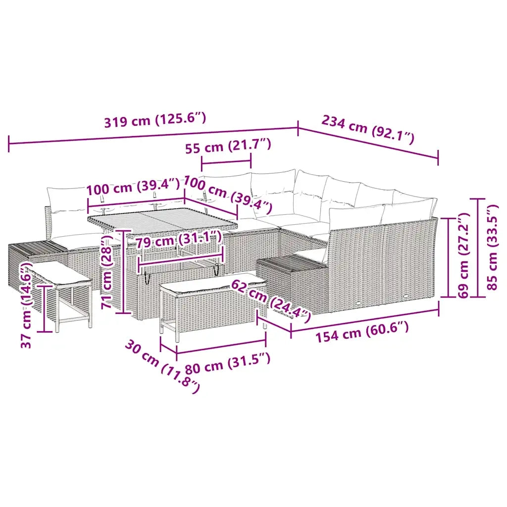 Set Divano da Giardino con cuscino 12 pcs Nero polyrattan 3362814