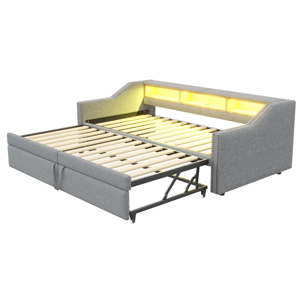 Divano letto 90x200 cm estraibile fino a 180x200 cm con vani portaoggetti; LED e USB grigio chiaro