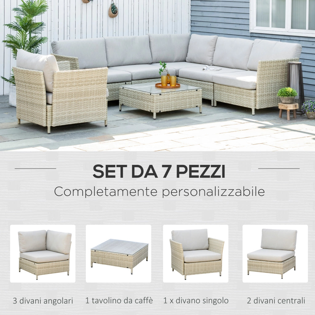 Set Salotto Giardino 7 Pezzi Modulabile ¨C Xylo ¨C Polyrattan Beige con Cuscini