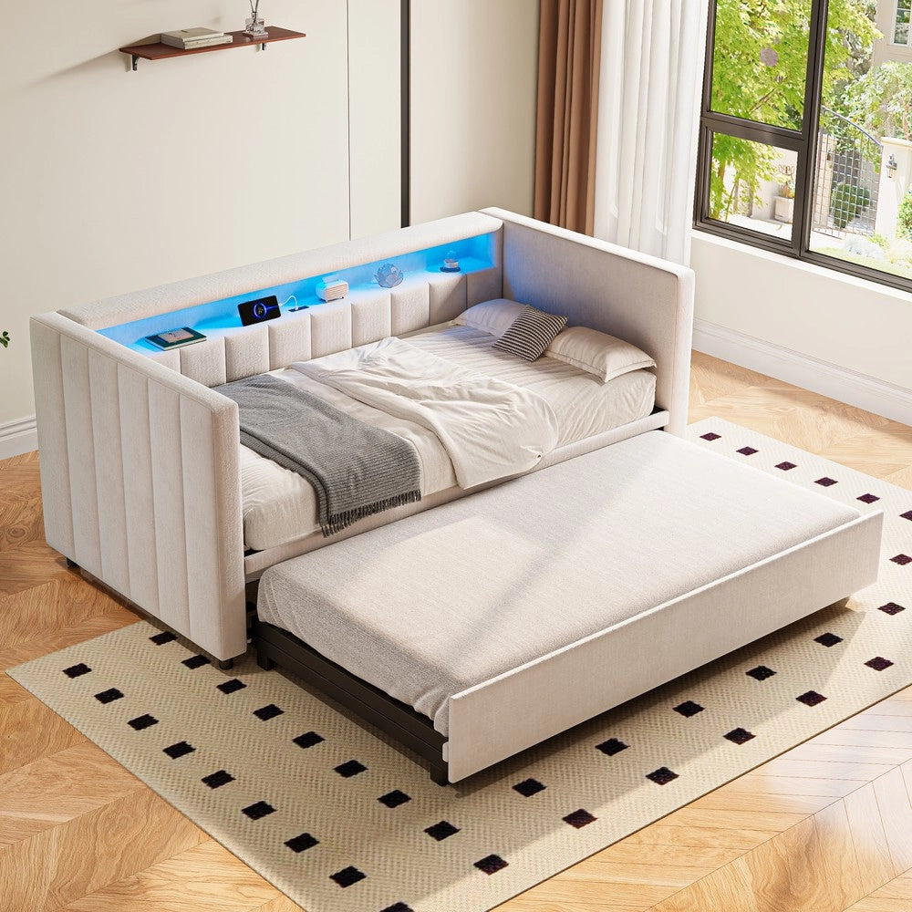 Divano Letto Contenitore 90x190 ¨C MINIMAL ¨C Velluto Beige, LED, USB