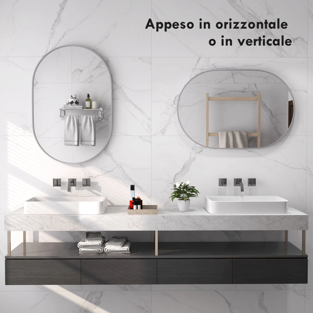 Specchio Bagno Ovale da Parete 60x90 cm con Cornice in Alluminio Verticale o Orizzontale Argento