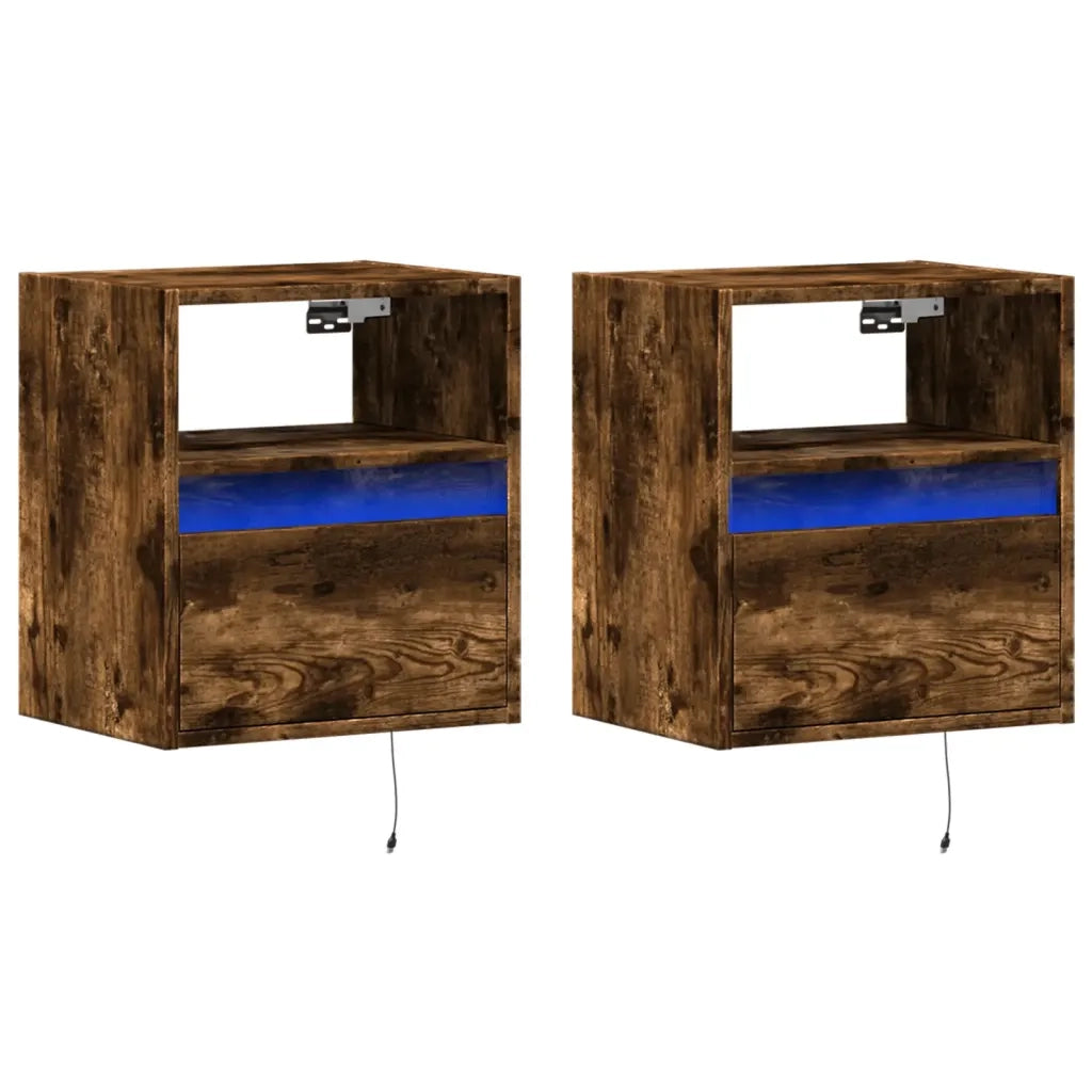 Comodini a Parete con luci LED 2 pz Rovere Fumo 3307984
