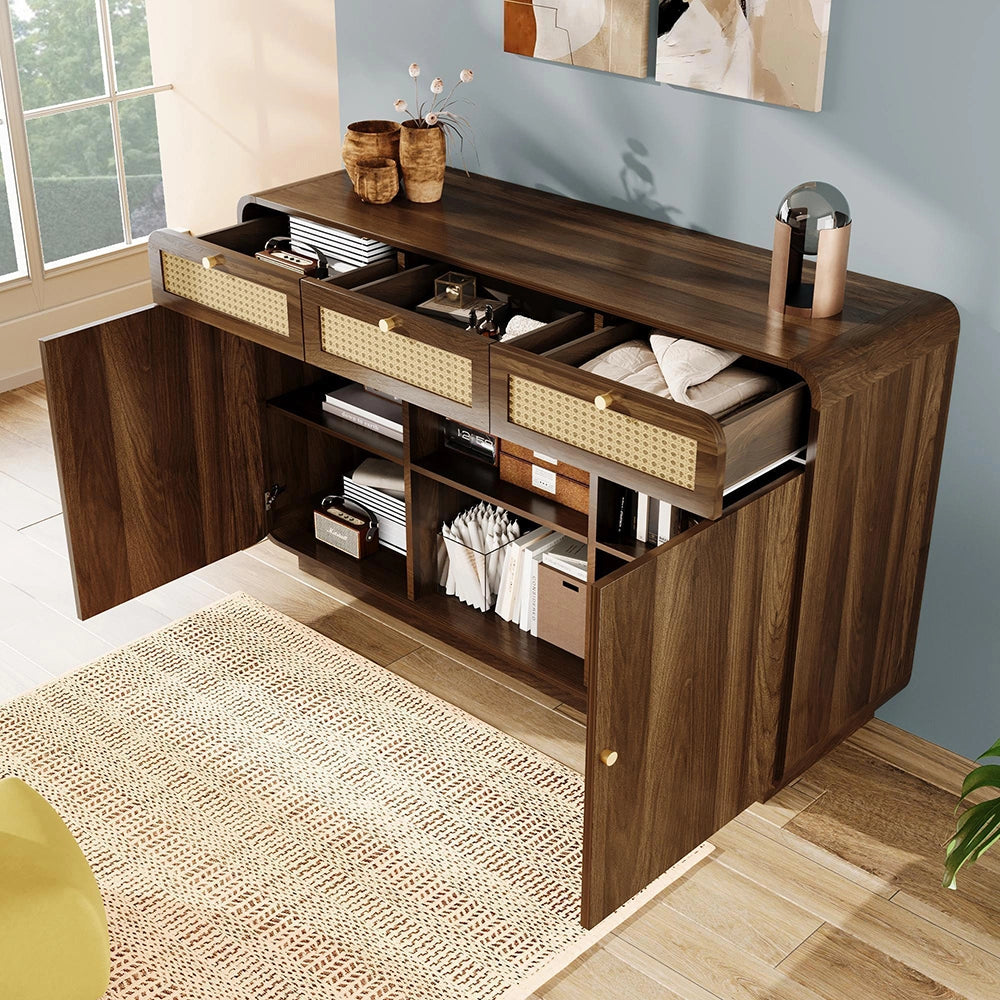 Credenza Sideboard 120cm - Xylo - Noce con 3 Cassetti e Maniglie in Vimini/Oro