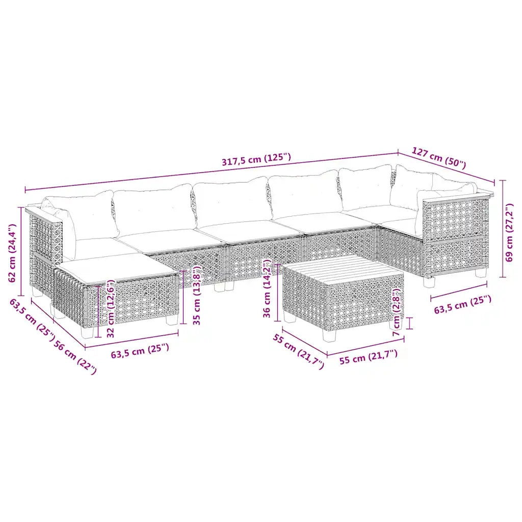 Set Divano da Giardino 8 pz con Cuscini Beige in Polyrattan 3261934