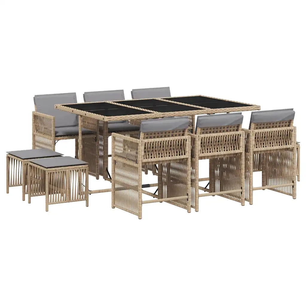 Set Pranzo da Giardino 11 pz con Cuscini Beige Misto Polyrattan