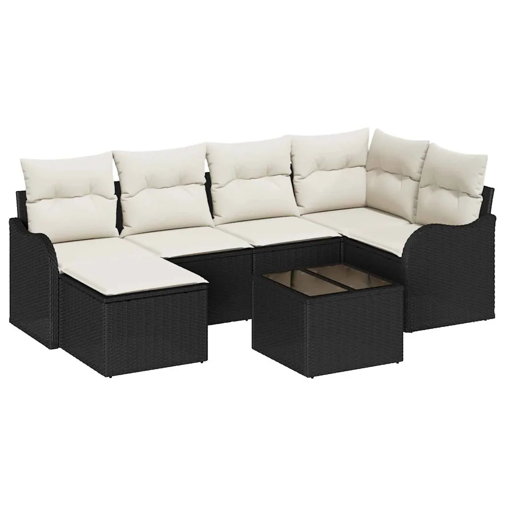 Set Divano da Giardino 7 pcs Nero e bianco Poly Rattan