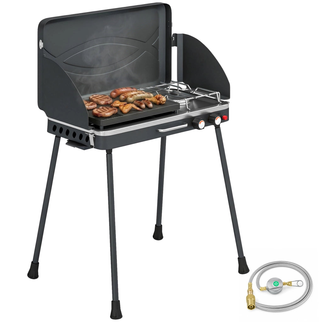 Barbecue a Gas Portatile 2 in 1 ¨C zephmum ¨C 7 kW Grigio Nero con Griglia e Piani