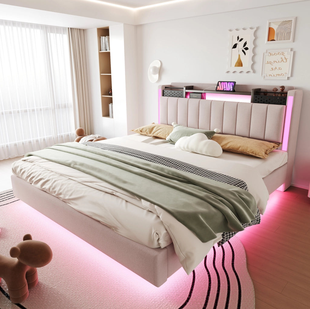 Letto matrimoniale imbottito 160x200 con LED, USB e contenitore