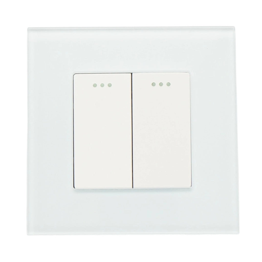 Interruttore doppio, bianco, da incasso, 220V, 16AX, spia luminosa, cornice in vetro 86x86x34mm