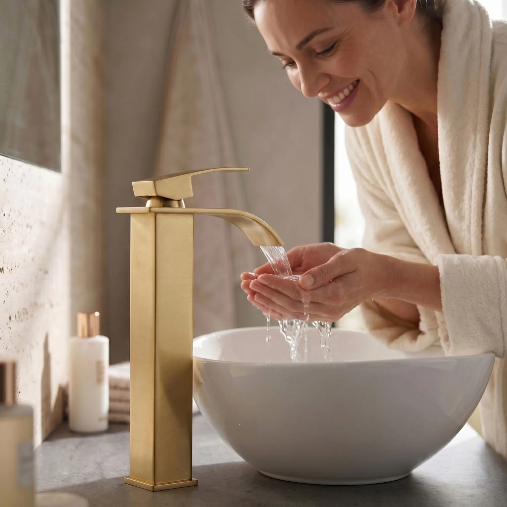 Rubinetto lavabo alto a cascata oro da appoggio miscelatore bagno EVIO