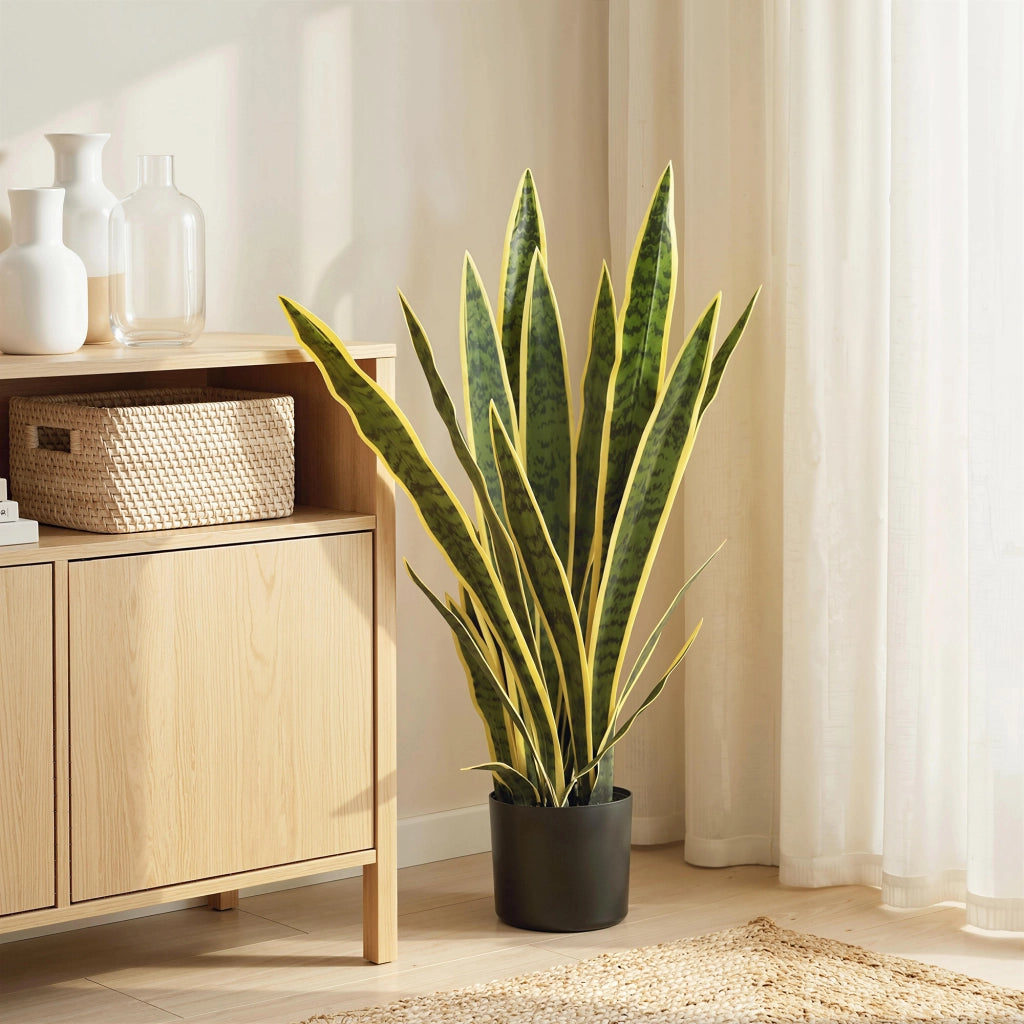 Pianta Finta Sanseveria Artificiale Realistica con Vaso ¨C Minimal ¨C Verde e Giallo ?15x80cm