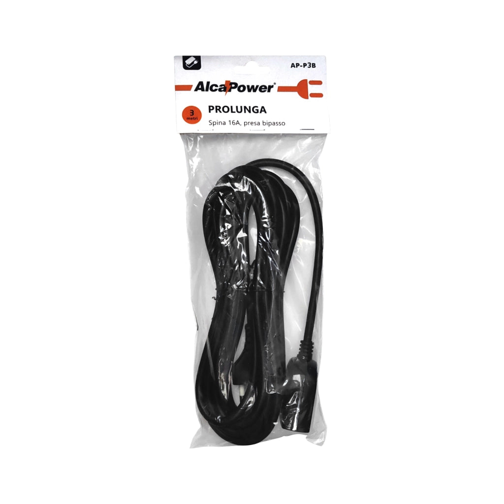 Alcapower Prolunga Elettrica 3 Metri con Spina 16A e Presa Bipasso 10/16A, Cavo ad alta efficienza per collegamento dispositivi domestici, Colore Nero