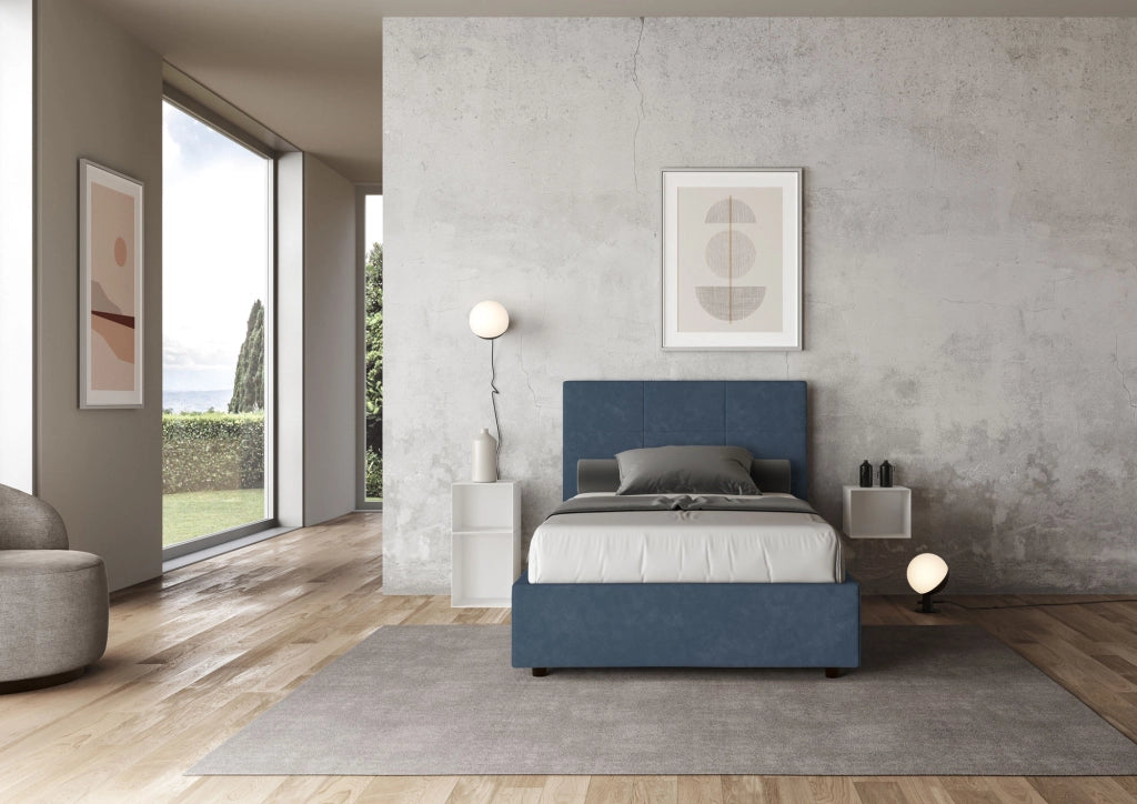 BS COM Letto una piazza e mezza con rete imbottito 120x200 microfibra blu