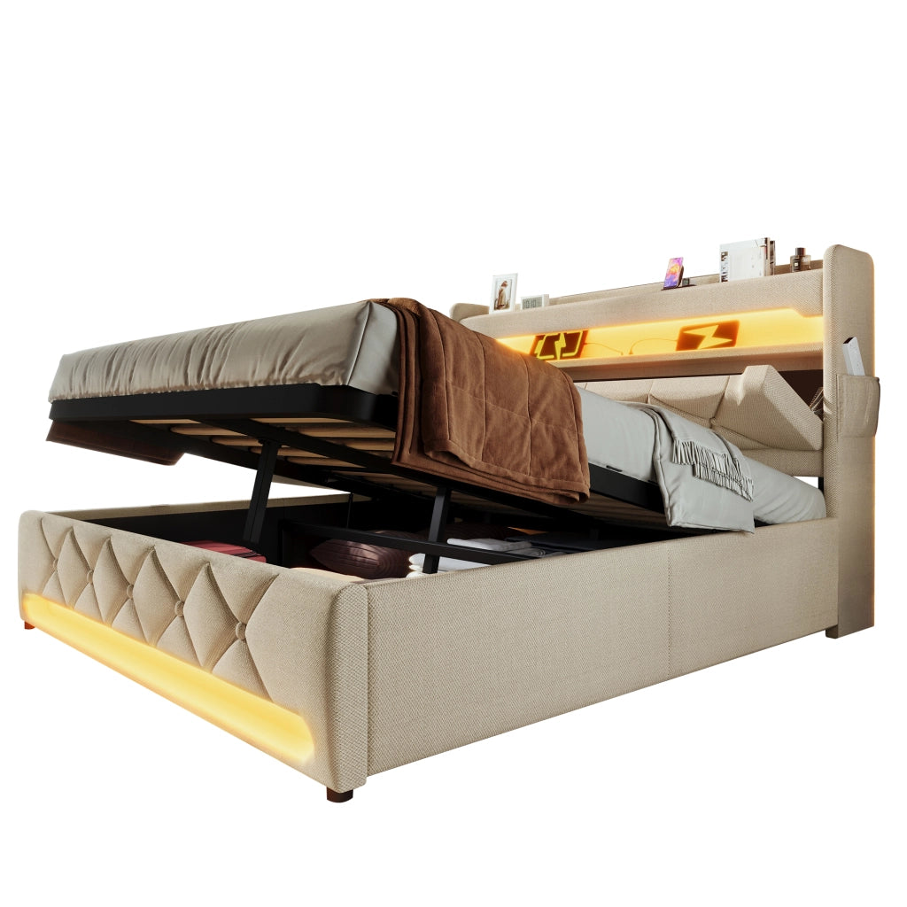 Letto Contenitore Imbottito Matrimoniale con LED e USB ¨C MINIMAL ¨C Beige 140x190