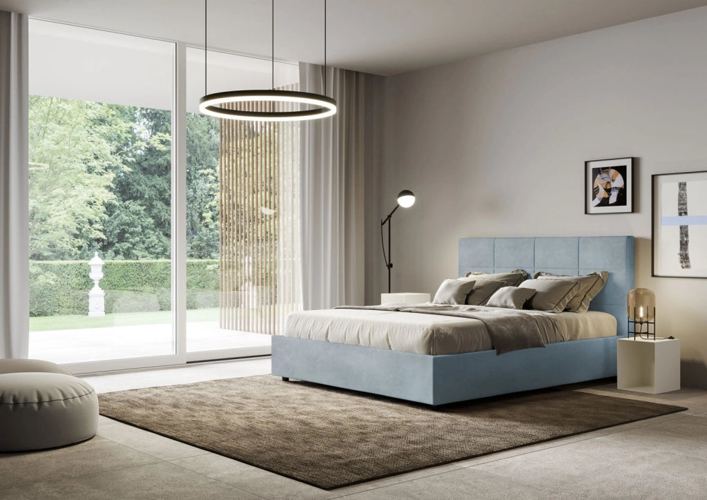 BS COM Letto matrimoniale con rete imbottito 160x190 microfibra azzurro