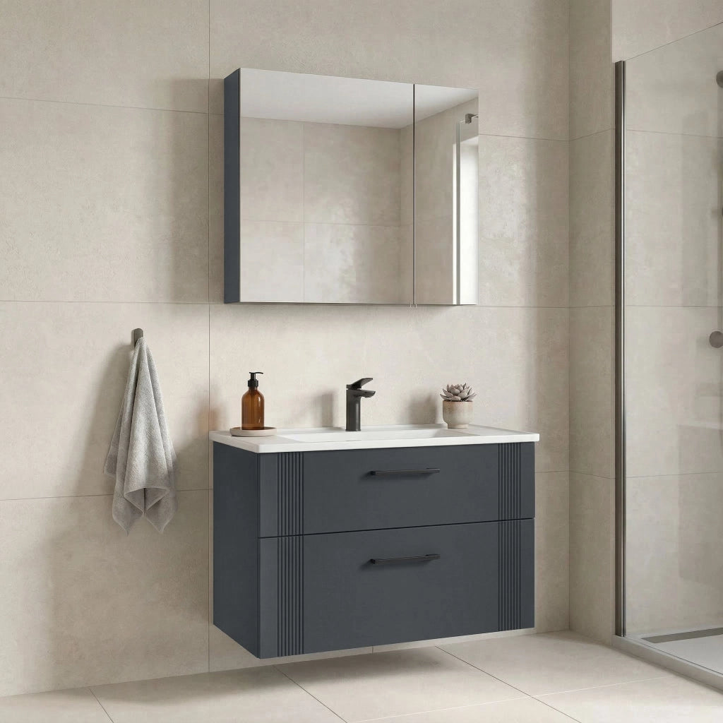 Set mobile lavabo con specchio (2 pezzi) "Bari 85 v2" - 85 x 45 x 55 cm - Antracite opaco