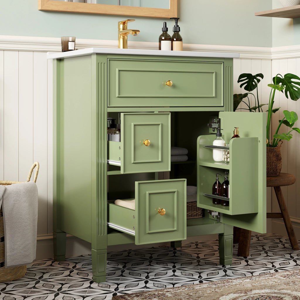 Mobile Bagno 61x47x86 cm Verde Lucido con Lavabo Ceramico, 3 Cassetti, Anta Soft-Close, Senza Rubinetto