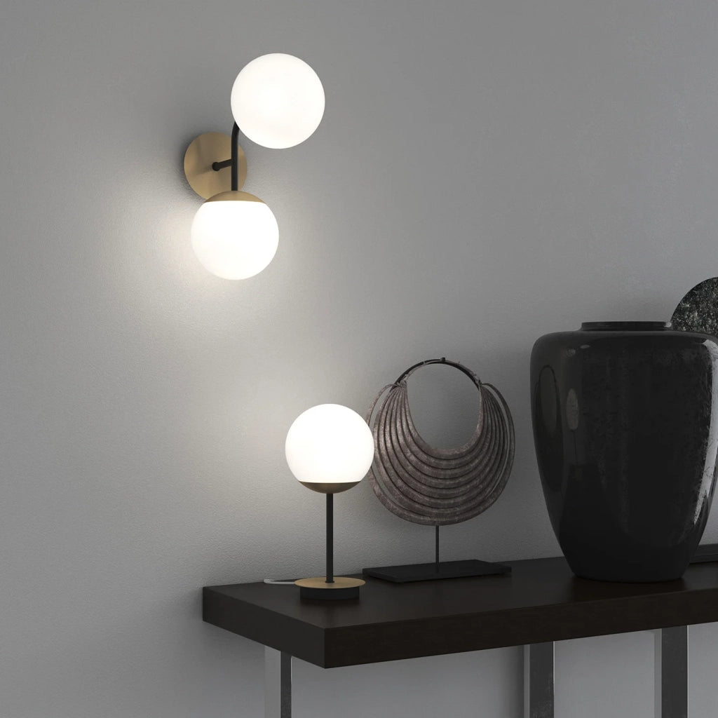 Applique Moderna Clear Metallo Nero E Ottone Vetro Bianco 2 Luci E27