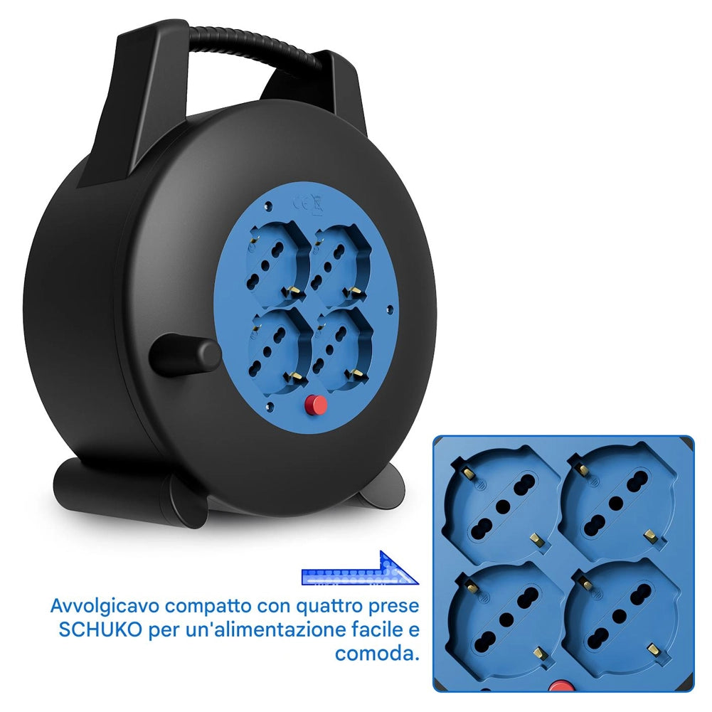Avvolgicavo Multipresa 10 Metri con Interruttore di Protezione Prolunga 4 Prese