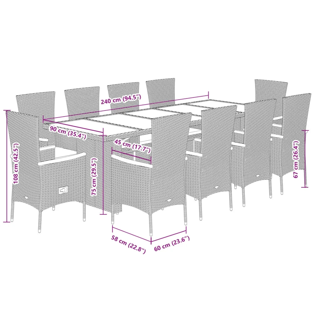 Set da Pranzo da Giardino 11pz con Cuscini in Polyrattan Grigio
