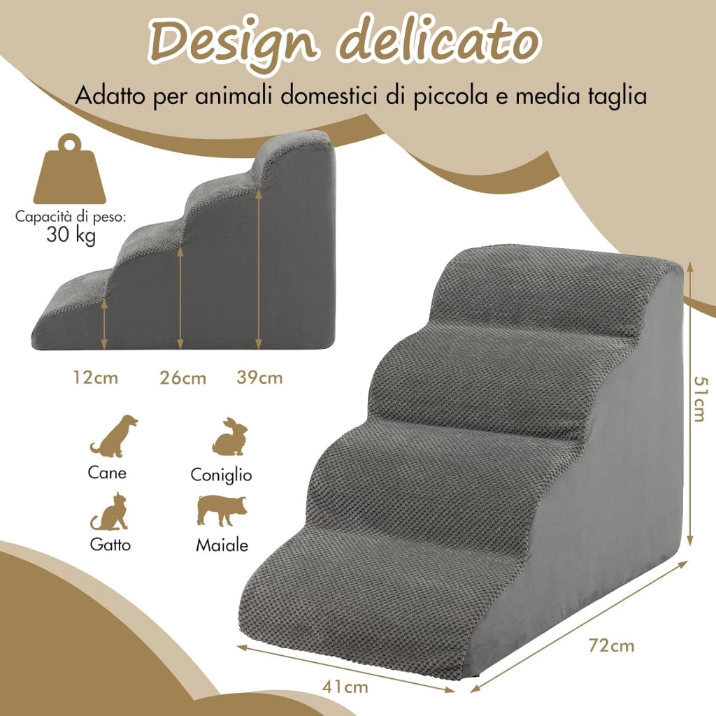 Rampa per Cani con 4 Scalini in Schiuma
Scala per Animali con Copertura Lavabile con Cerniera, Ideale per Animali Piccoli, Anziani e Feriti, 41x72x51cm, Portata 30kg