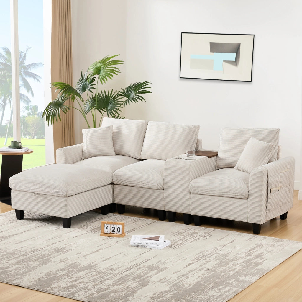 Divano angolare modulare 4 posti con console; 2 USB; portabicchieri e pouf contenitore beige