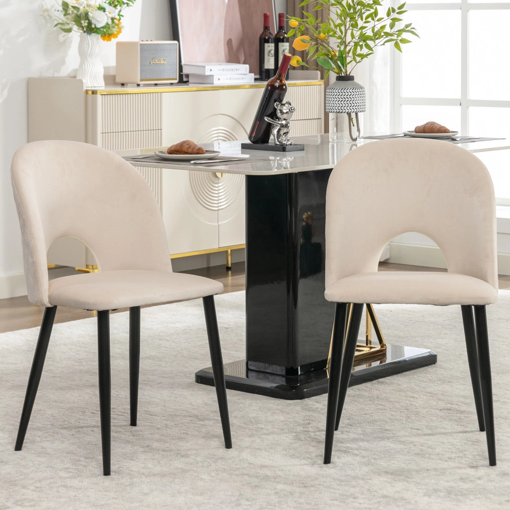 2 Sedie da pranzo imbottite in velluto beige con schienale, struttura in metallo e piedini regolabili