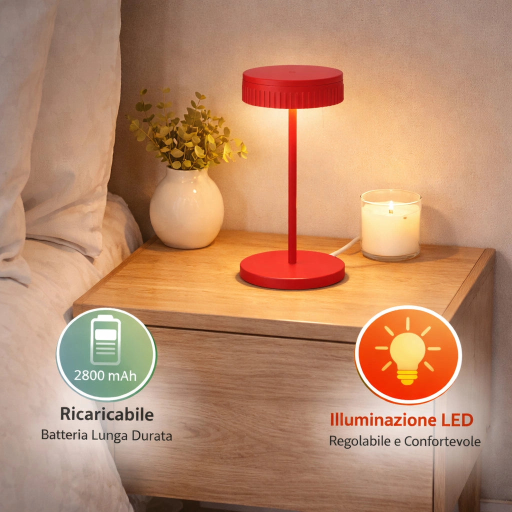 LAMPADA DA TAVOLO LED RICARICABILE TOUCH USB 2000MAH DESIGN MODERNO ROSSO LPT146
