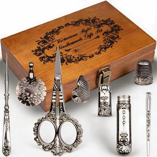 Kit di accessori per ricamo vintage - forbici da ricamo - punteruolo - contenitore per filo - ago - costruito con legno robusto/acciaio inossidabile - set da ricamo
