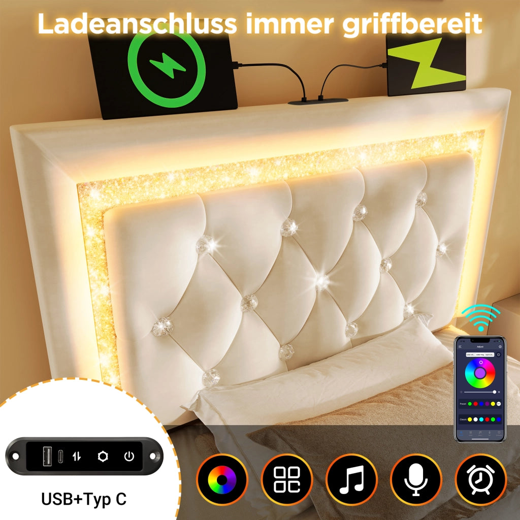 LETTO imbottito 90x200 cm in velluto beige con LED, USB e contenitore