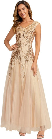 Abito maxi elegante a V collo senza maniche con lunghe paillette in stile sera