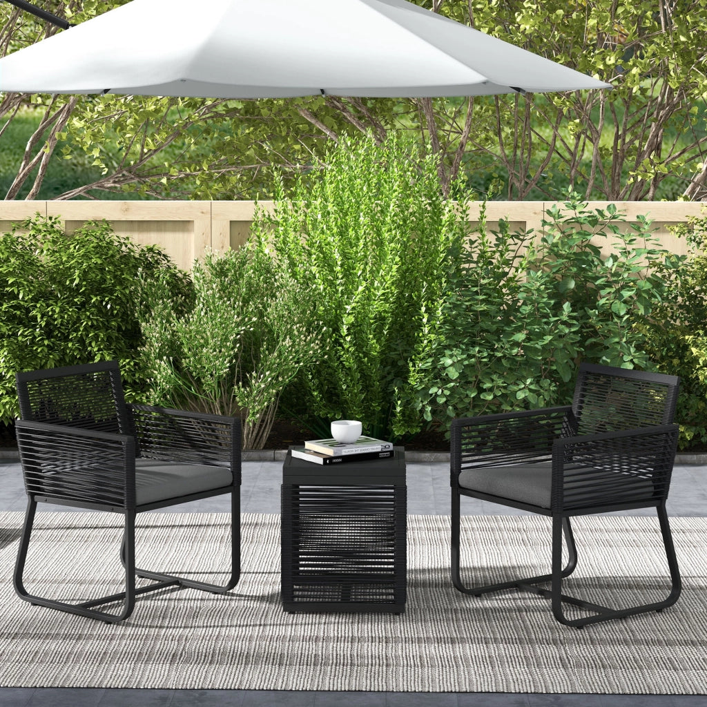 Set da Giardino Poltroncine e Tavolino ¨C Minimal ¨C Rattan Nero con Cuscini e Vetro