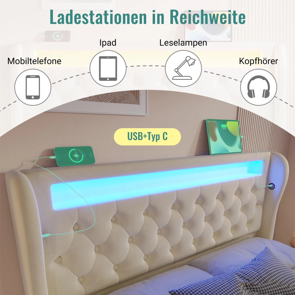 LETTO Contenitore idraulico 140x200 cm velluto beige con LED, USB e Type-C