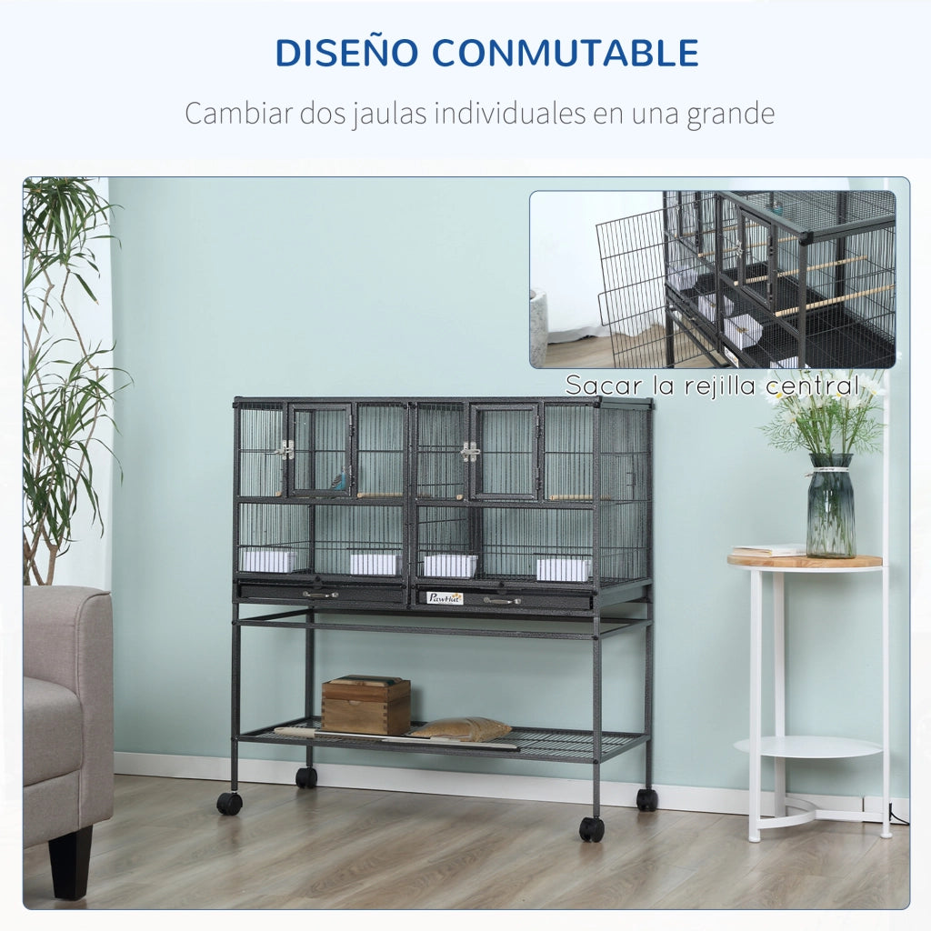 Gabbia per Uccelli con Ruote ¨C Minimal ¨C Grigio 95x45,5x102 cm