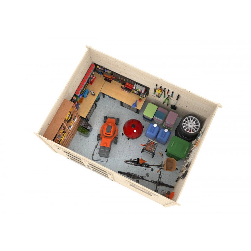 Casetta da giardino in legno 385x282 cm, pareti 28 mm grezze con porta doppia e finestra, per deposito attrezzi esterno - Esterni da Vivere
