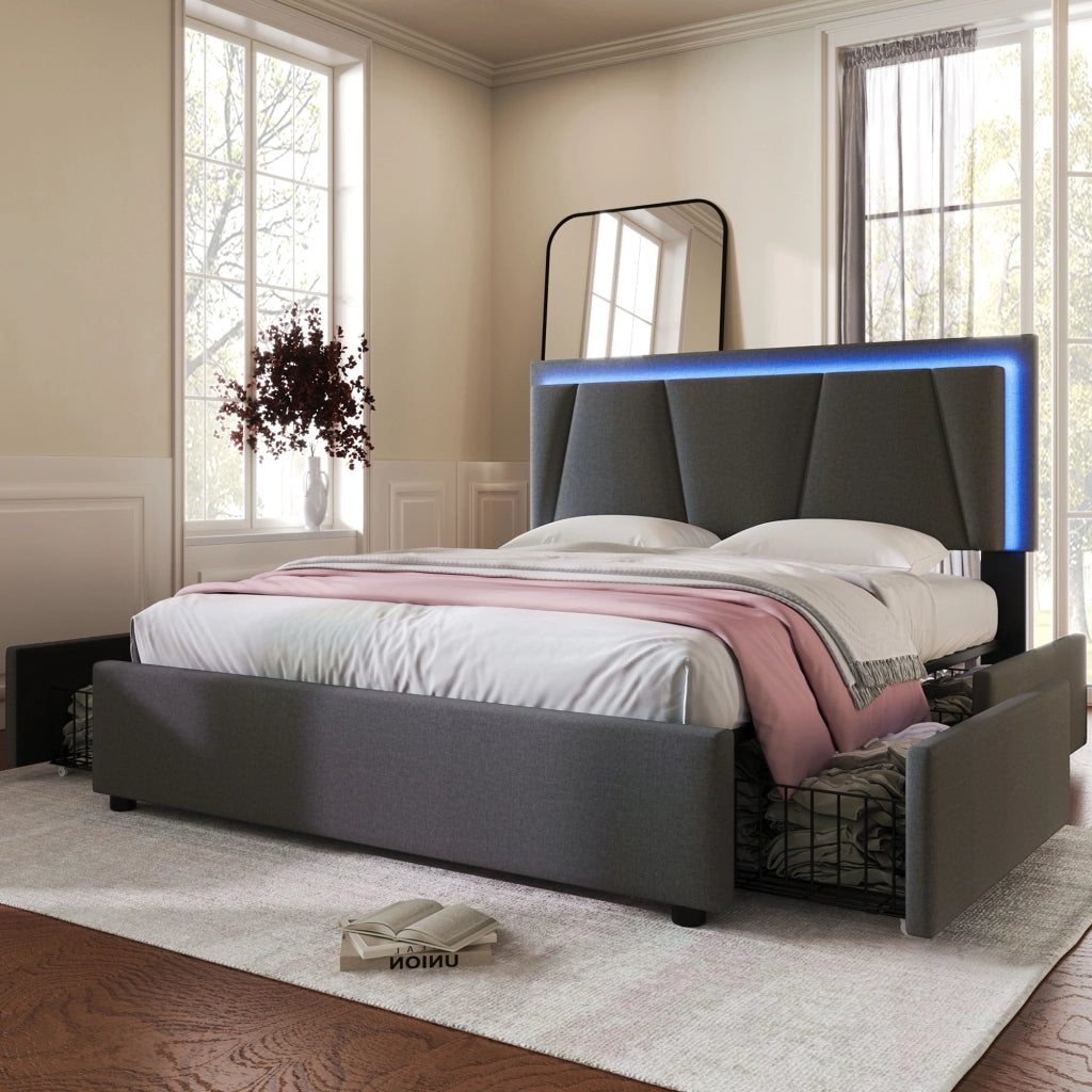 LETTO 140x200 cm grigio con LED e 4 cassetti, testiera regolabile