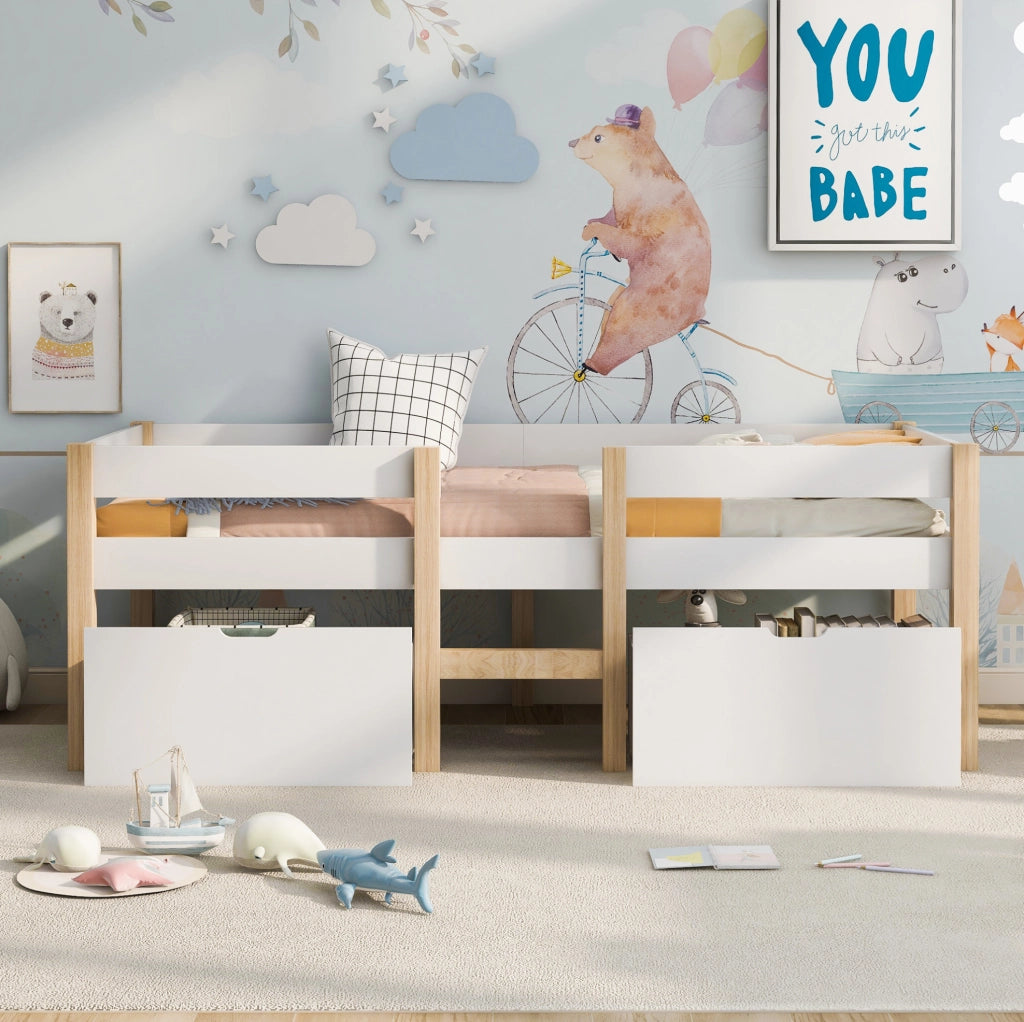 Letto a soppalco basso per bambini con cassetti e protezione anticaduta