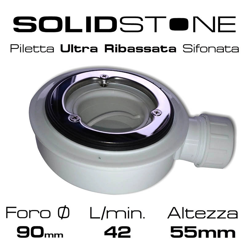 Piletta ultraribassata in PVC per piatto doccia basso con foro diametro da 90 mm - Con tappo tondo Bianco