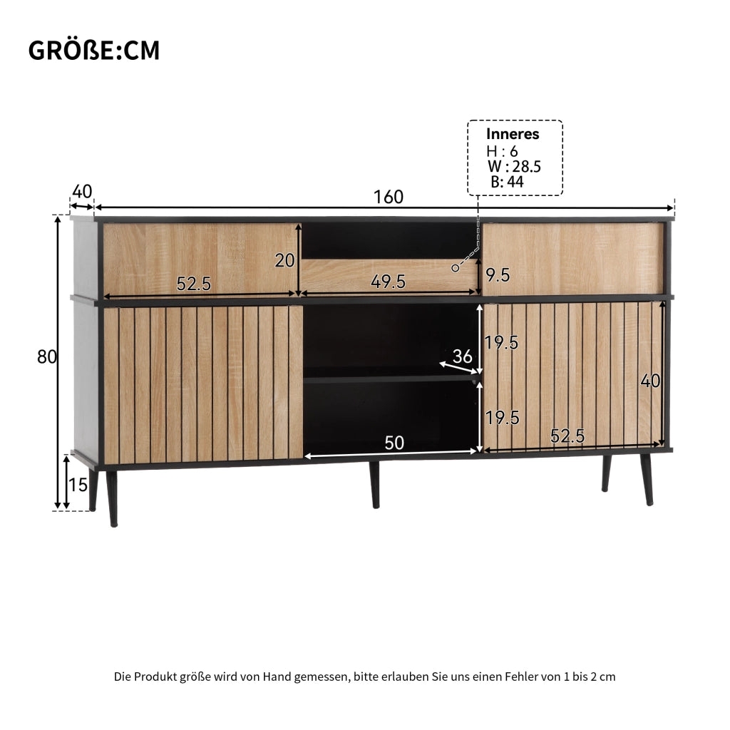 Credenza con 4 ante scorrevoli, 1 cassetto e ripiani regolabili per soggiorno, nero e naturale, 160 × 40 × 80 cm