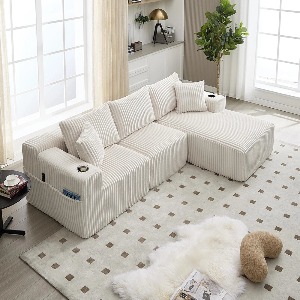 Divano modulare con chaise longue e 2 posti - Xylo - Velluto costato, 5 cuscini, portaoggetti e bevande
